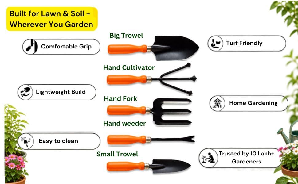 Image of Gardening Tools Kit (Set of 5), 2 Trowels, Hand Fork, Weeder, Cultivator,| Manual Tools Kit for Home Garden, Indoor and Outdoor Gardening (GTK)