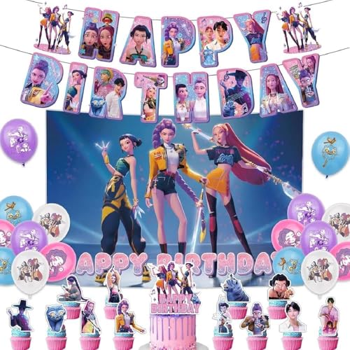 Decorações de aniversário, kit de decoração de festa com faixa de feliz aniversário, balões, Rumi Mira Zoey Jinu Saja Boys Huntrix, decoração de bolo para cupcakes (conjunto A)