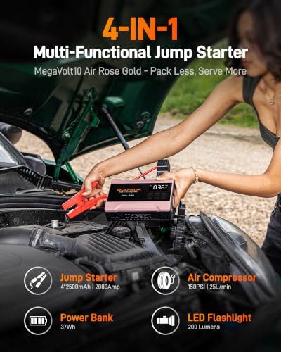 Image of WOLFBOX 2000A Jump Starter with Air Compressor, 37Wh Car Battery Booster Jumper Starter Portable(up to 5L Gas Engine), 12V Jump Box Pack with 150PSI Tire Inflator, Jumper Cables, LED Light - Rose Gold