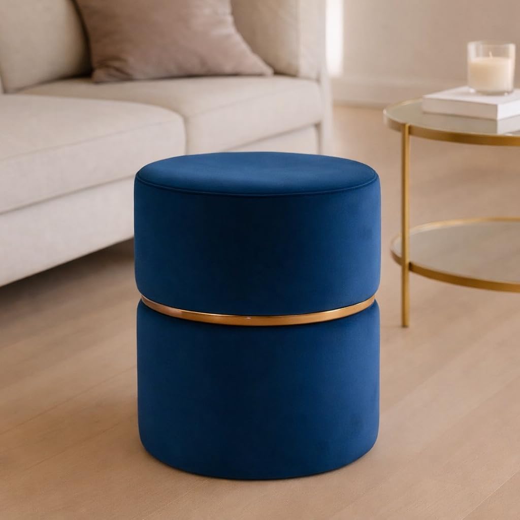 Ottoman Puffy Stool for Living Room | Modern Footrest Pouffe with Gold Metal Ring | Multipurpose Seating for Living Room, Bedroom, Room Dcor, Office Stool (Royal Blue)