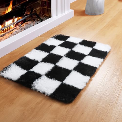 Image of KICMOR Small Rug for Bedroom, 2x3 Fluffy Soft Black and White Checkered Rug Fuzzy Shaggy Bedside Carpet, Indoor Furry Plush Small Throw Rug for Living Room Nursery Kids Girls Boys Room Home Decor