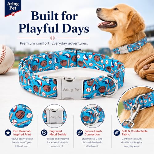 Image of ARING PET Boy Dog Collar for Puppy Small Medium Large Dogs-Blue Baseball XS | Cute Male Heavy Duty Pet Collars with Metal Buckle for XS S M L XL Dogs, for Daily Walk Sport Watch Trip Outings Photoshoots