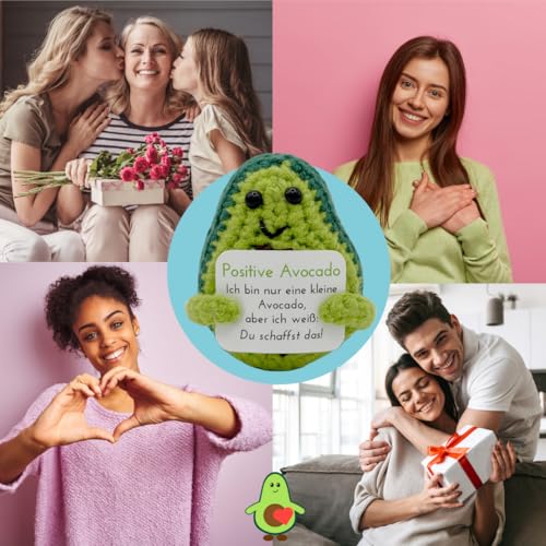 Pocket Hug Positive Avocado · Mutmachergeschenk für Freunde, Familie und Kollegen · Kreative Avocadofigur · Motivationsgeschenk & Glücksbringer deutsch · Handmade Woll-Avocado inkl. Zubehör
