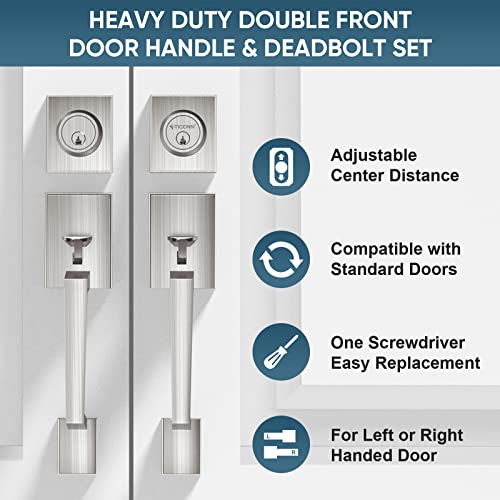 Image of TICONN Double Front Door Handle Set, Heavy Duty Square Door Lever and Single Cylinder Deadbolt Combo for Side by Side Entrance Exterior Doors (Satin Nickel)