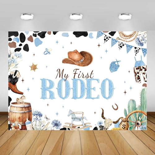 Toile de fond bleue My First Rodeo pour célébrer le premier rodéo de votre bébé