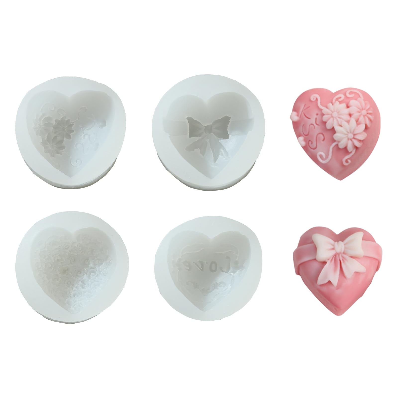 Stiesy 4 Pcs 4 Styles 3D Heart-Shaped Silicone Mold for Valentine Epoxy Resin Art DIY Love Heart with Flower Candle Mold Resin Casting Mold 3D Rose Soap Mold for DIY Decoration Candle Making Craft