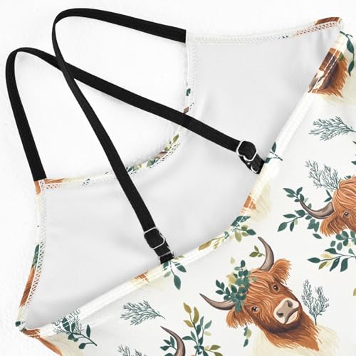 senya Girls Swimsuits One-Piece Swimwear Tie Bathing Suit Beach Summer Round Neck 7-8T Highland Cattle Leaves Pattern4