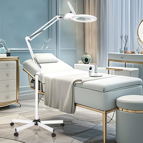 KIRKAS 10X Magniyfing Floor Lamp with 5 Wheel Rolling Base for Estheticians, 2200 Lumen Any Color Modes and Stepless Dimming Magnifying Glass with Light and Stand, for Facials, Reading, Crafts, Tasks