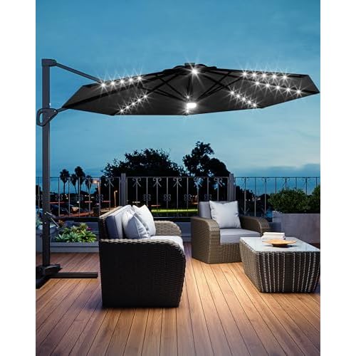 GarveeLife 10 ft Cantilever Umbrella Outdoor Patio Umbrella Solar LED Market Offset Umbrella Sun Shade Windproof with 360-Degree Rotation for Patio Garden Deck Pool, Grey