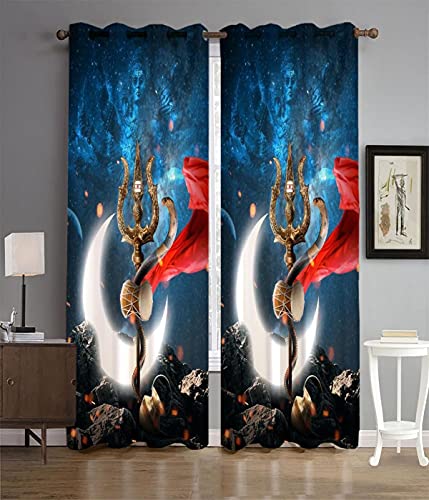 Image of DECOMIZER Polyresin 3D Digital Printed Premium God Shiv Trishul Print Curtains for Home Polyester Knitting Curtain Multicolor for Pooja ghar mandir Temple Home 4 x 5 Feet Window Curtain - 2 Piece