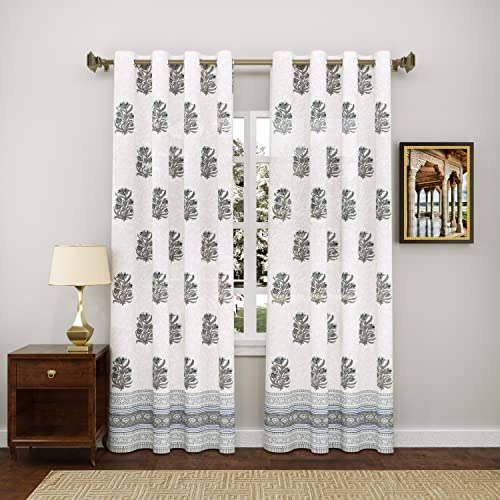 Image of BLOCKS OF INDIA Hand Block Printed Cotton Daylight Semi Sheer Curtains with Eyelets(Set of 2 Curtains, Flower 1, 7 Feet /Door Lightweight, Grey)