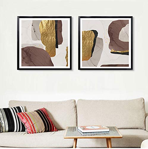 Peintures abstraites marron et feuille d'or 70x70cm pour salon