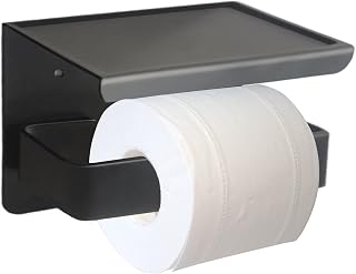 Toilet Paper Holder with Shelf, Matte Black Wall Mounted Toilet Paper Roll Holder, SUS 304 Stainless Steel Rustproof Tissue Roll Holder with Storage for Bathroom Kitchen Washroom