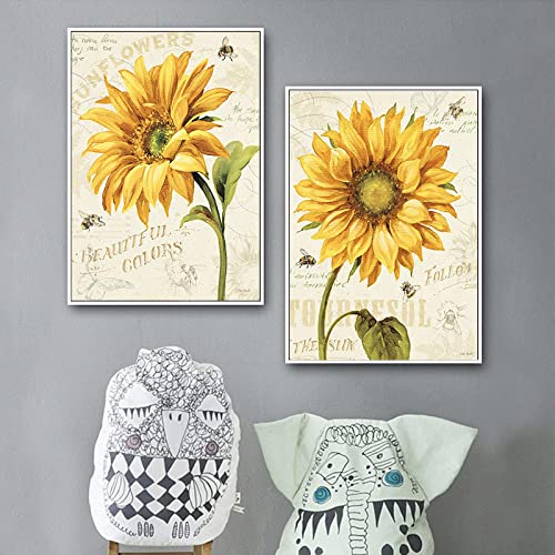 Toile peinture plante mur art affiche fleurs jaunes rétro pour décoration d'intérieur
