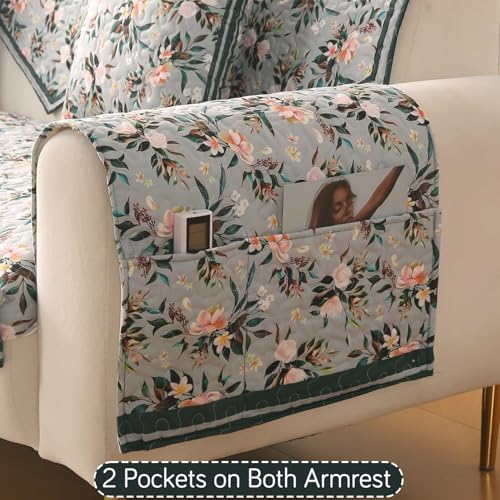 Image of HOKIPO 'Florentina Series' Premium Holland Velvet Sofa Arm Cover with Foam Filling & Anti Slip Backing | 2 Pcs | Magnolia Green (IN-876-V1*2S)