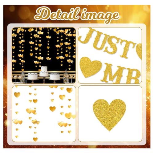 Image of Just Married Party Decorations, Gold Glitter Just Married Mr & Mrs Banner with Heart Garland for Bridal Shower Engagement Wedding Party Decorations Supplies