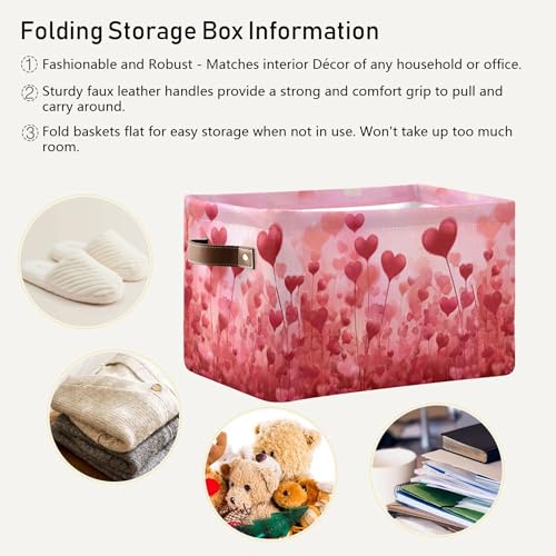 Image of Wamika Happy Valentine's Day Pink Storage Basket with Waterproof Liner and PU Handles Love Trees Heart Flowers Red Storage Boxes 14.2 inch Collapsible Decorative Baskets for Bedroom Closet Office 1 Pack