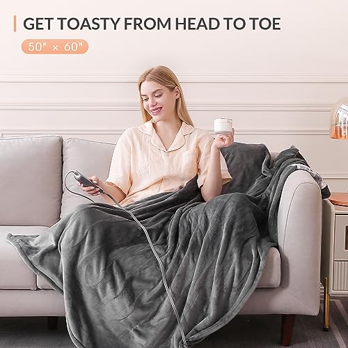 HOMLYNS Heated Blanket Electric Throw, Electric Blanket with 3 Hours Timer Auto-Off & 4 Heating Levels, Flannel Heating Blanket with ETL Certification, Machine Washable Heated Throw (50\" x 60\", Grey)