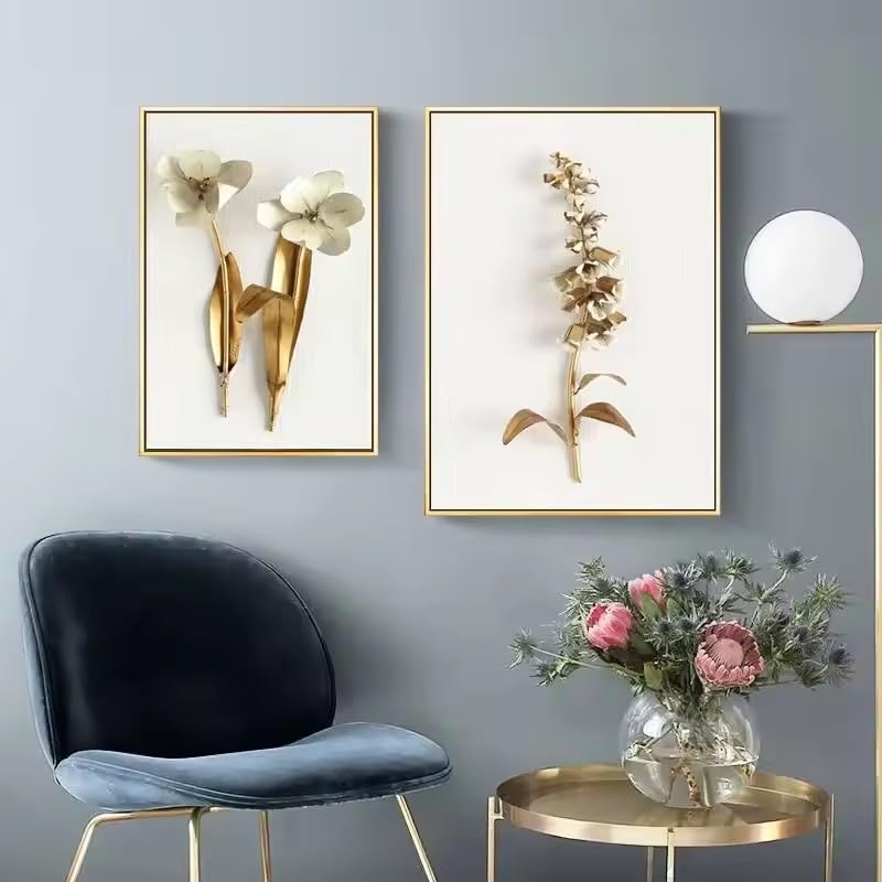 Cuadros nórdicos elegantes con láminas de flores doradas para salón, set de 30x45cm