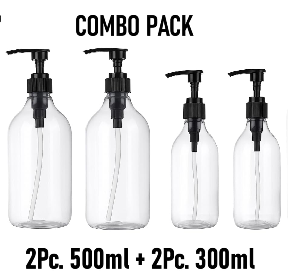 Image of Round Pump Bottle Soap Dispenser | Refillable Transparent Plastic Lotion Bottle | Empty Liquid Container for Soap, Shampoo, Lotion & Essential Oils (300+500ML Combo, Pack of 4)