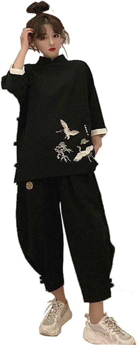 Amazon Co Jp トップス 7分袖 鶴刺繍 パンツ 上下2点セット セットアップ チャイナ風 チャイナ服 手作りボタン ボトムス ロングパンツ ゆったり ファッション