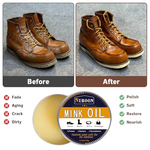 Nuroon 8 Pieces Shoe Polish Kit, 3.5oz Saddle Soap for Leather Cleaning, 3.5oz Mink Oil for Boots Polish, 3 Horsehair Shoe Brushes, Shoe Polish Cloths, Leather Cleaner and Conditioner
