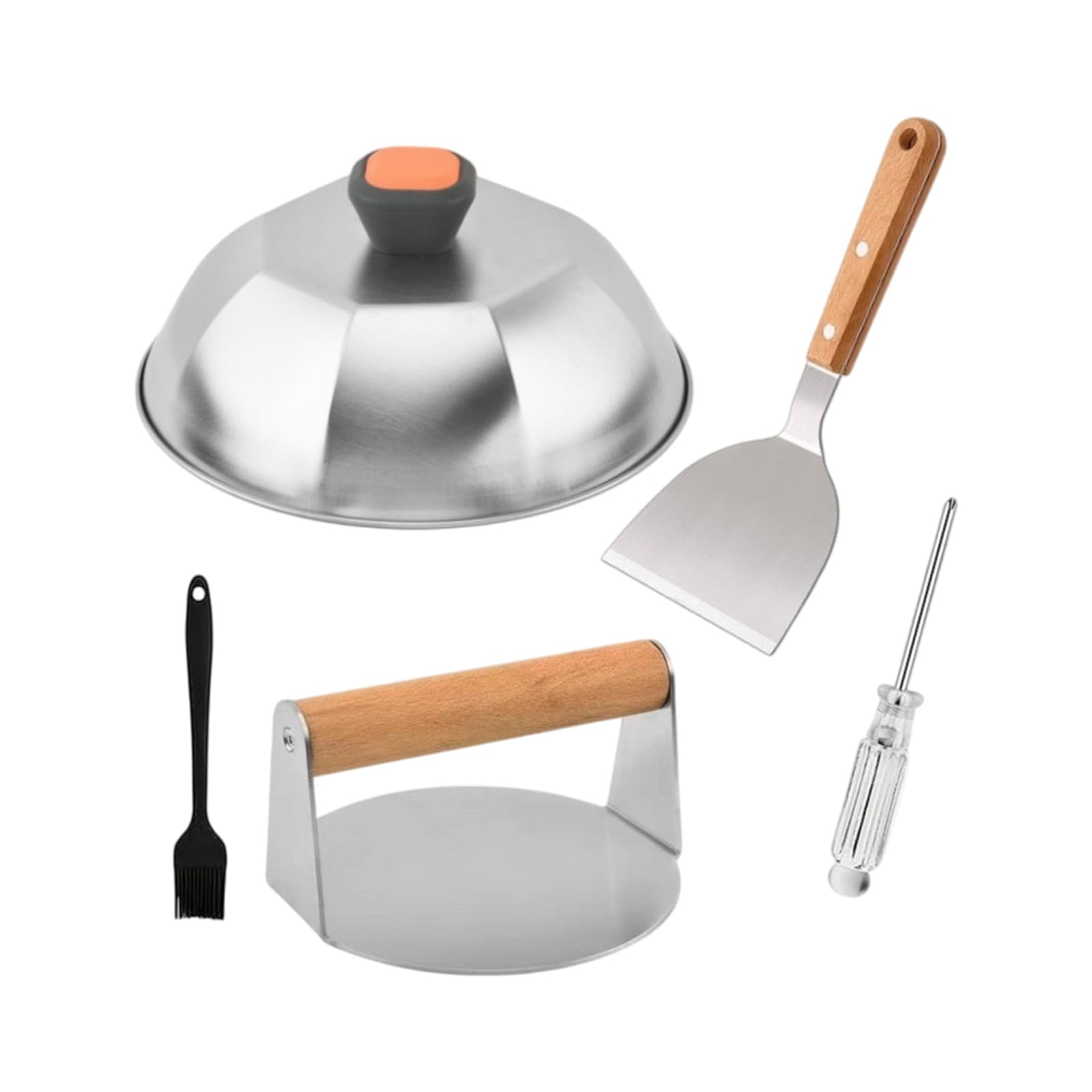 Set utensili per griglia e pressa per hamburger, set da cucina per barbecue da 5 in acciaio inossidabile con cupola per imbastitura, spatola e pennello Pressa per hamburger, strumento