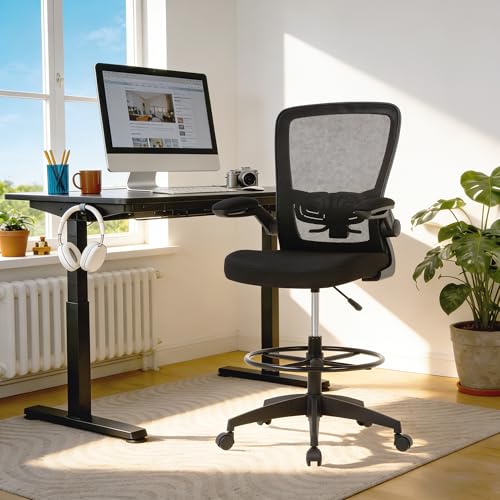 Image of BestOffice Drafting Chair Tall Office Chair Adjustable Height with Lumbar Support Flip Up Arms Footrest Mid Back Task Mesh Desk Chair Computer Chair Drafting Stool for Standing Desk