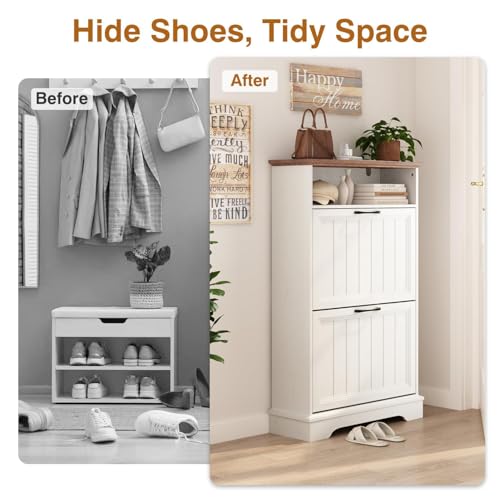 Image of 24 inch W Hidden Shoe Storage Cabinet with 2 Flip Drawers & Open Storage