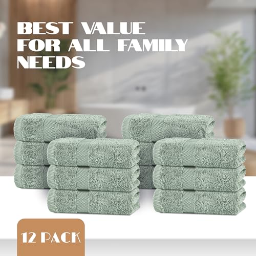 Image of White Classic Green Hand Towels for Bathroom [12 Pack] Cotton Hand Towel Bulk for Gym, Kitchen and Spa, 16x27 Inches Soft Highly Absorbent Quick Dry Terry Salon Towels