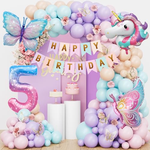 Farfalla Unicorno - Decorazione di Compleanno per Bambine 5 Anni con Palloncini Pastello e Ghirlanda