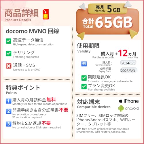 docomoデータ通信SIMカード|DATA SIM for JAPAN |docomo SIM|格安SIMカード|プリペイド SIM|prepaid DATA SIM|データ通信専用SIM| (M-5GB-12m)