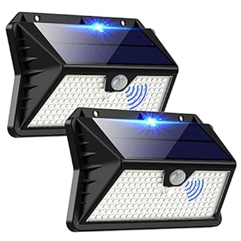 Foto di Luce Solare LED Esterno, Faretto LED da Esterno con Sensore di Movimento, 185 LED/ 3 Modos Lampada Solare da Esterno, IP65 Impermeabile LED Lampione per Giardino, Parete, Garage(2 Pezzi Bianco Freddo)