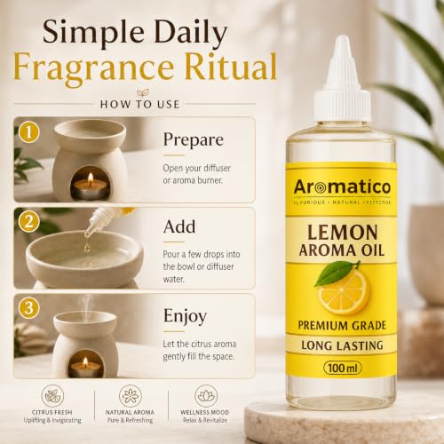 Image of AROMATICO Pure Lemon Aroma Diffuser Oil with Long-Lasting Fragrance for Homes, Offices & Showrooms. Ideal for Diffusers, Reed Diffusers, Air-Purifiers & Candles 100 ml