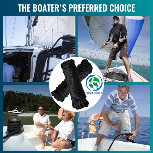 Image of 2 Pack 3 /8 inch x 25' Boat Dock Lines for Boat & Pontoon, Premium Marine- Grade Double Braided Nylon Boat Lines, Pre-Spliced with a 12 inch Eyelet-Black,High Strength,Easy Handling,Boating Gifts for Men.
