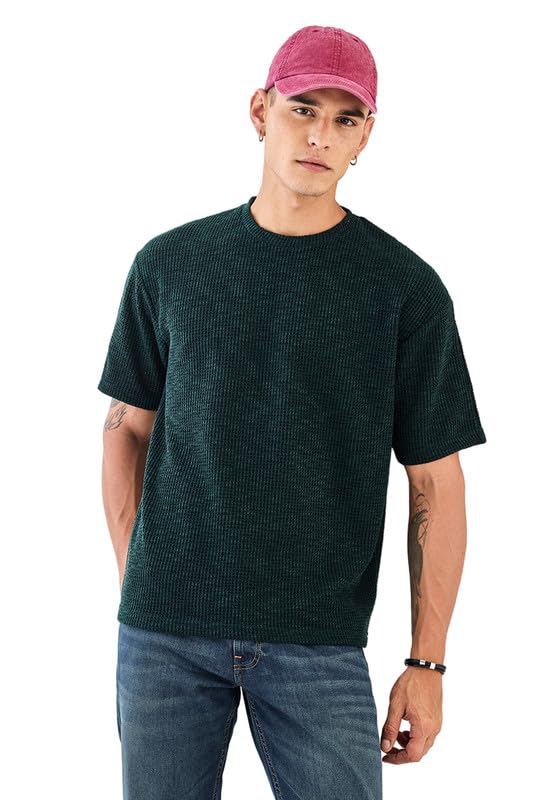 Image of SNITCH Men's T-Shirt | Textured Oversized Crew Neck Design | Premium Polyester Blend Fabric with Waffle Weave | Breathable & Lightweight Casual Wear