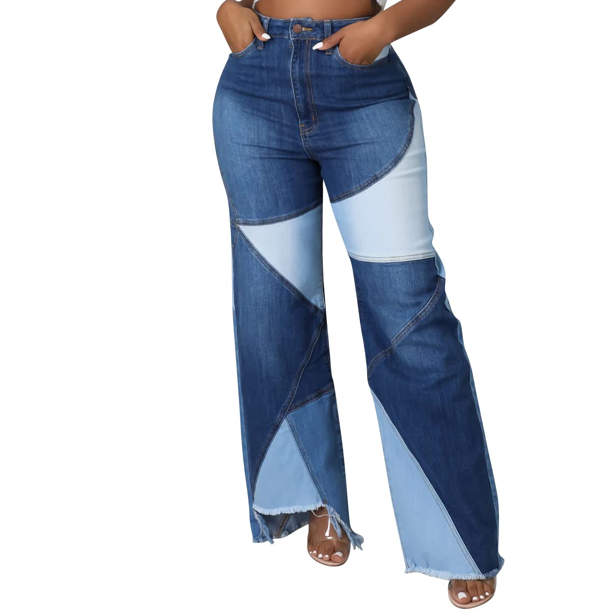 vanberfiaWomen Denim Stretchy Patchwork Wide Leg Pants Jeans