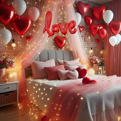 Red & White Balloons with Foil Heart Balloons and White Curtain Backdrop, Bedroom Decoration Items for Birthday or Anniversary