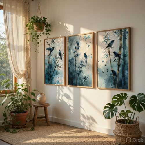 Image of Artify Bird Bamboo Wall Painting Set of 3 with Wooden Frames | Modern Nature Bird Artwork HD Sparkle Laminated MDF Wall Decor | Elegant Bamboo Bird Wall Art for Living Room