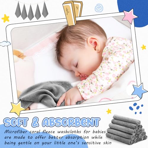 Image of Handepo 100 Pack Baby Washcloths Bulk 10 x 10 Inch Microfiber Coral Fleece Baby Face Towels Absorbent and Soft Wash Cloths for Newborns Infants and Toddlers (Grey)