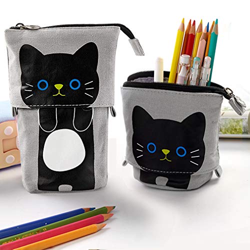 iSuperb Transformer Stand Store Pencil Holder Canvas+PU Cartoon Cute Cat Telescopic Pencil Pouch Bag Stationery Pen Case Box with Zipper Closure 7.5 x 4.9 x 3.0inch/4.1x 3.0inch (Gray)
