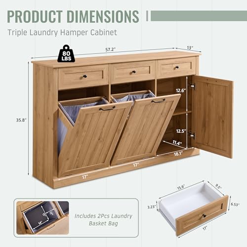 Image of IFBUY Triple Tilt Out Laundry Hamper Cabinet, 20 Gallon Farmhouse Trash Can Cabinet w /Drawer & Adjustable Shelf, Hidden Garbage Can Bin Cabinets w /Laundry Basket for Bathroom, Kitchen (Natural)