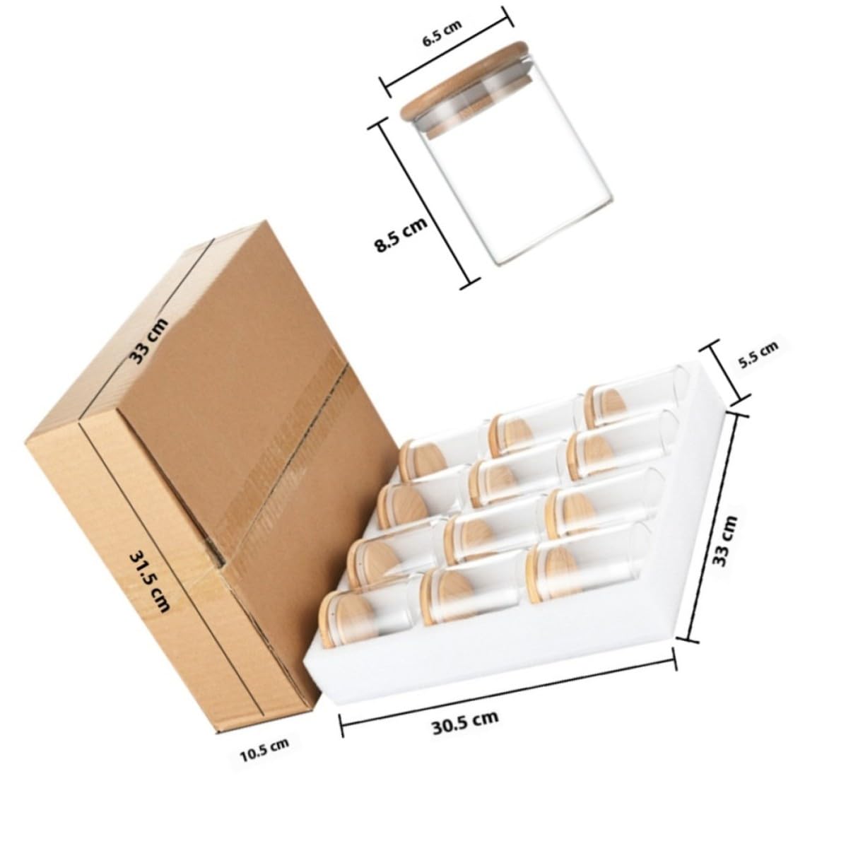 Tarro de Cristal 250ml con Tapa de Bambú, Juego de 12 Unidades | Boca Ancha, Vidrio y Silicona, para Café, Té y Especias, Formato Compacto de Cocina