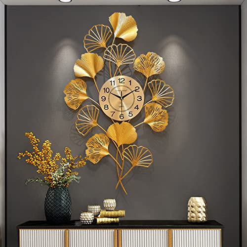 FGHDFH Große Wanduhren Metall Dekorative Wanduhren Große Wanduhr 3D Non-Ticking Silent Quarz Uhren Gold Ginkgo Blatt Kunst Wanddekor Für Wohnzimmer Küche Dekoration Moderne Wall Clock Cover
