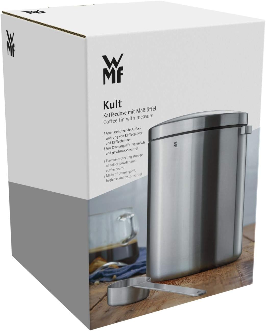 WMF Kult Tee- Kaffeedose Edelstahl für 500g, Edelstahldose mit Maßlöffel, Kaffeebohnen Behälter, Cromargan Edelstahl mattiert, für Kaffeepulver und Kaffeebohnen, spülmaschinengeeignet