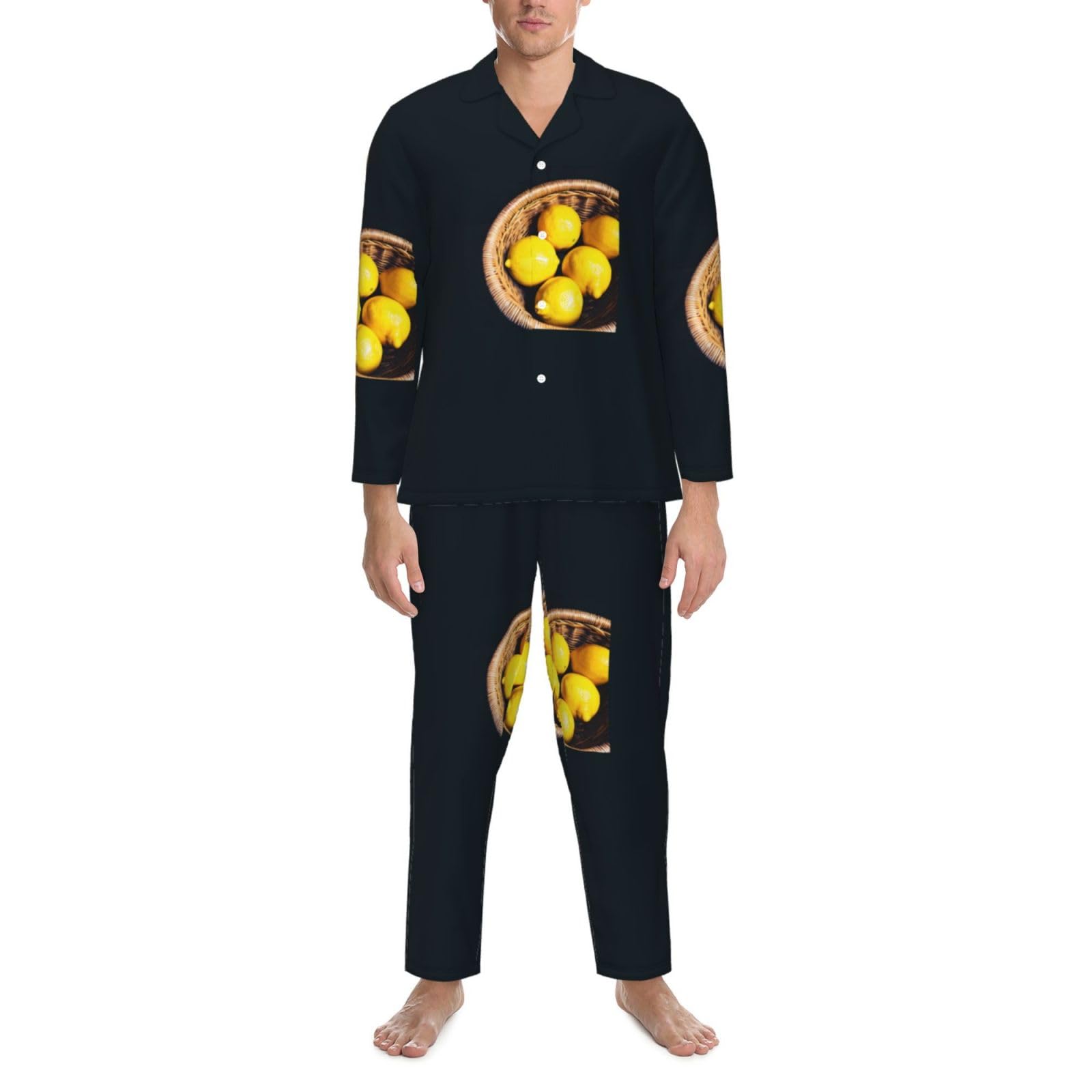 Basket - Conjunto de pijama de manga larga para hombre, diseño de limones, transpirable, acogedor, para fin de semana