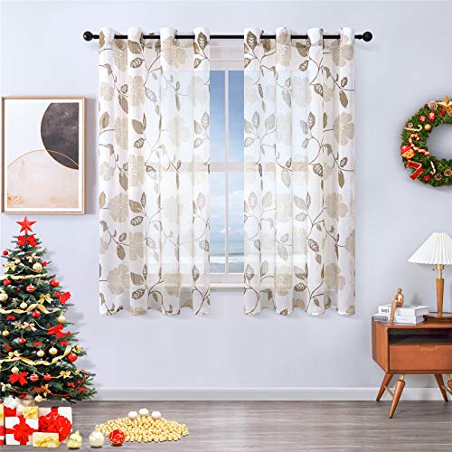 MRTREES Cortinas Visillo Efecto Lino Voile de Dormitorio Translúcida Moderna de Hojas con Hebilla para Ventanas Sala de Niños Sala Comedor Baño 2 Piezas 140×145cm(An×L) Flores Marrón