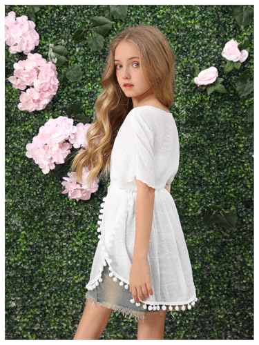 Image of SOLY HUX Girl's Short Sleeve Swimsuit Coverups Fringe Trim Swim Cover Up Beach Dress Beachwear