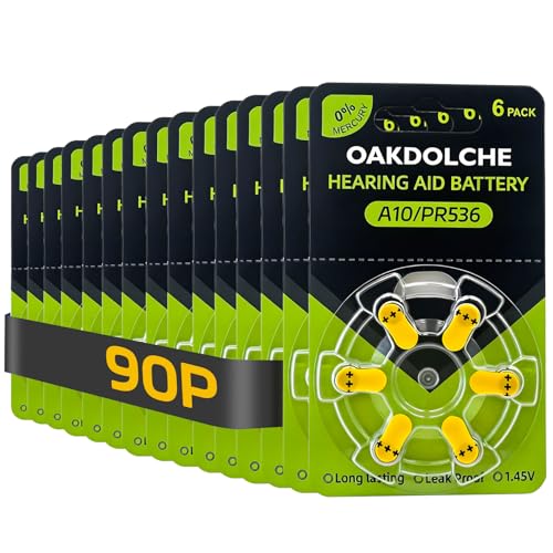 OAKDOLCHE Hearing Aid Batteries Size 10 90 Count Mercury Free Zinc Air 1.4V Long Lasting