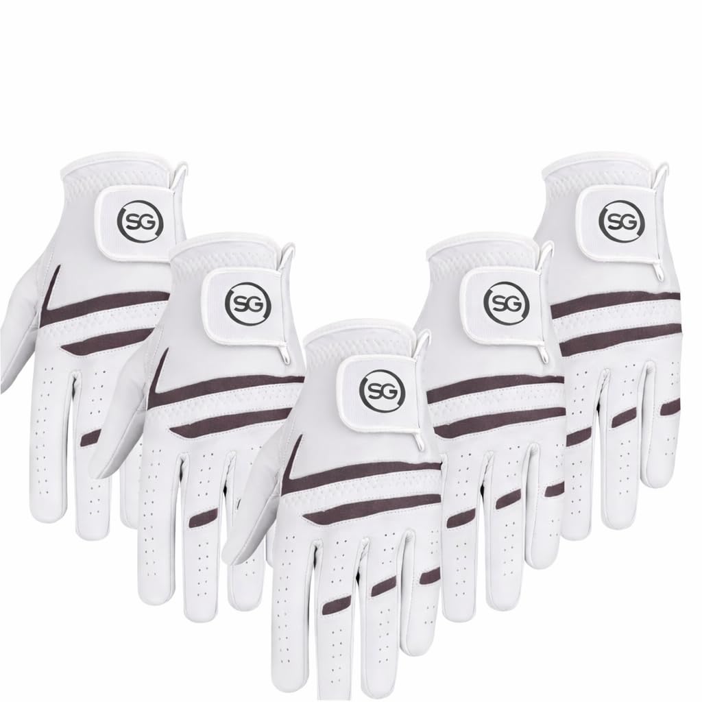 SAGE GEAR Men Premium Cabretta Leather Golf Gloves for All Weather Conditions - For Both Left and Right Handed Golfers - Multiple Qty Packs (L, Pack of 5 Gloves), worn on Left Hand